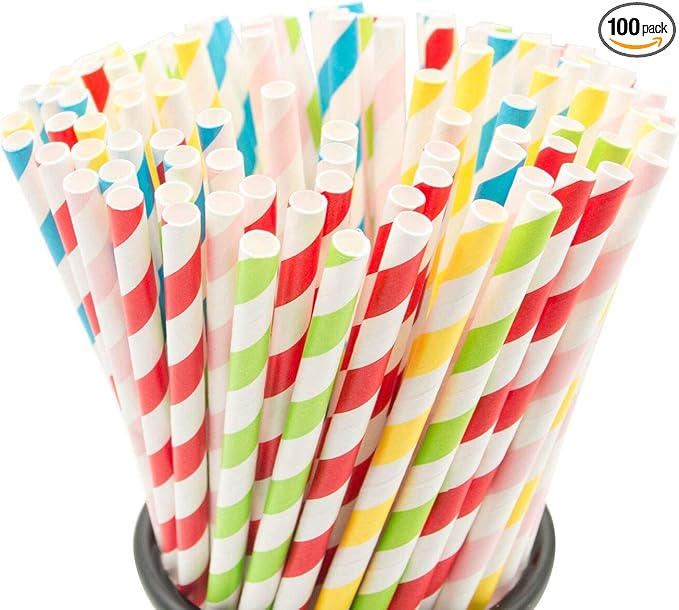 100PCS Biodegradable Paper Straws Bulk, Assorted Rainbow Colors Striped Drinking Straws for Juice, shakes, Cocktail, Coffee,Soda, Milkshakes, Smoothies,Celebration Parties and Arts Crafts Projects
