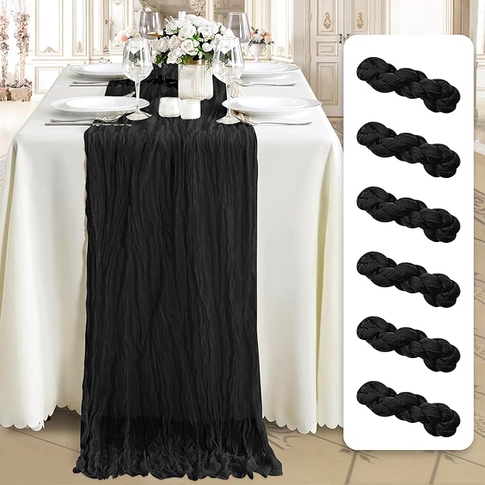 Cheesecloth Table Runner 6 Pack – 35x120 Inch (10ft) Boho Rustic Gauze Cloth Runners – Crinkle Polyester Table Decor for Wedding, Baby Shower, Bridal Shower, Birthday Party and More (Black)