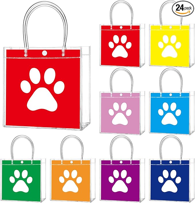 Teenyyou 24 Pcs Dog Paw Clear PVC Gift Bags with Handle Puppy Party Favor Reusable Plastic Wrap Tote Goodie Candy Treat Gift Bags Transparent for Puppy Pet Theme Birthday Party Supplies
