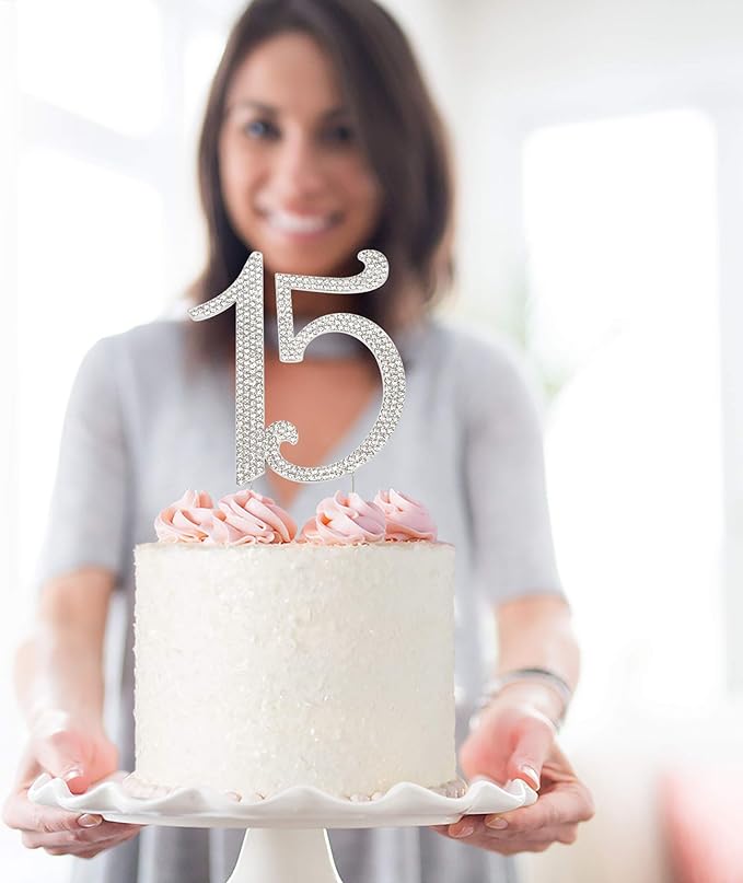 15 Cake Topper - Premium Silver Metal - 15th Birthday or Anniversary Party - Sparkly Rhinestone Quinceanera Cake Topper Decoration Makes a Great Centerpiece - Now Protected in a Box