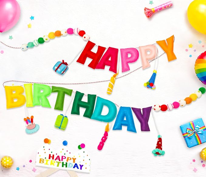 Happy Birthday Banner, Handmade Wool Felt Birthday Banner with Cute Charms, Reusable Rainbow Birthday Decorations for Kids, Colorful Birthday Garland for 1st Birthday, Baby Shower,Party Photo Backdrop