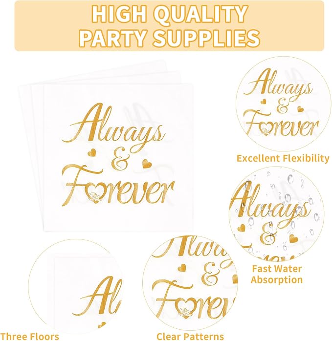 200Pcs Always and Forever Wedding Plates and Napkins White and Gold Scalloped Disposable Tableware Set for Wedding Bridal Shower Bachelorette Hen Party Supplies Serves 50