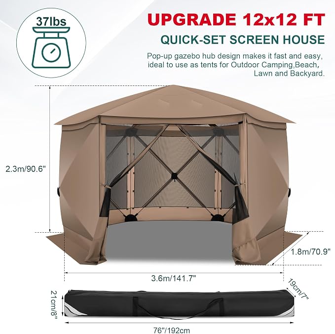 COBIZI 12x12 FT Pop Up Canopy Extendable Tent, Gazebos On Clearance with Removable Roof, Screened in Gazebo with sidewalls, Screen Tents Portable carpas para Patio for Outdoor Camping,Backyard,Khaki