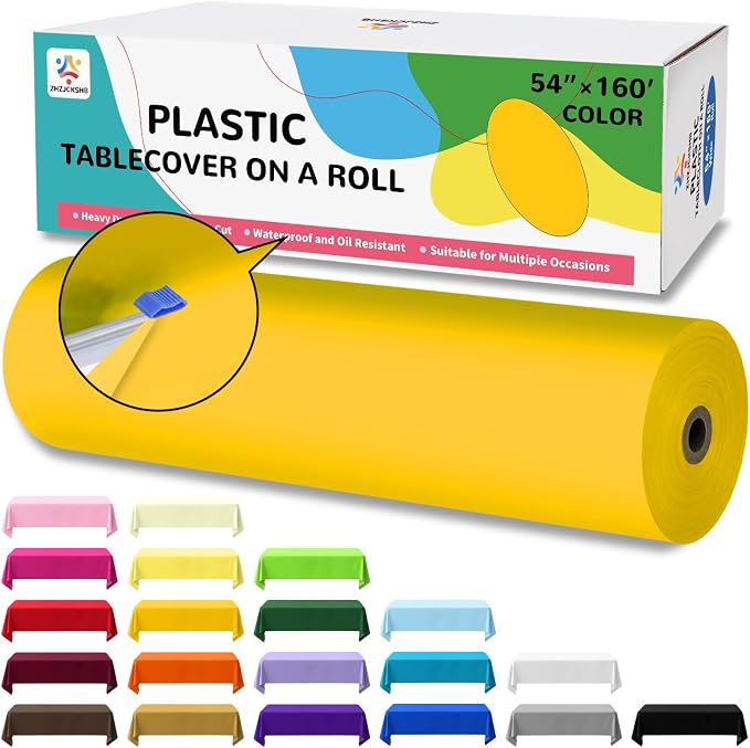 54IN X 160FT Plastic Table Cover Roll with Cutter Box, Cut to Size Plastic Table Cloths for Parties, Birthday, Disposable Tablecloth Roll for All Shape Tables (Yellow, 54 Inch X 160 Feet)