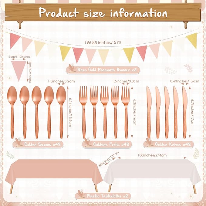 Mimorou 342 Pcs Champagne-Gold Beige Party Supplies Rose Gold Tableware Paper Disposable Plates Napkins Cups Plastic Tablecloth Pink Boho Triangle Banner for Wedding Bachelorette Birthday