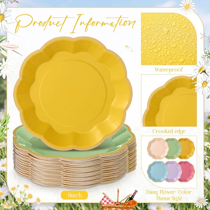 72 Pcs Daisy Flower Paper Plates Pink and Green Yellow Wildflower Colorful Scalloped Paper Disposable Plates for Dinner Dessert Baby Shower Spring Daisy Theme Birthday Party Decorations