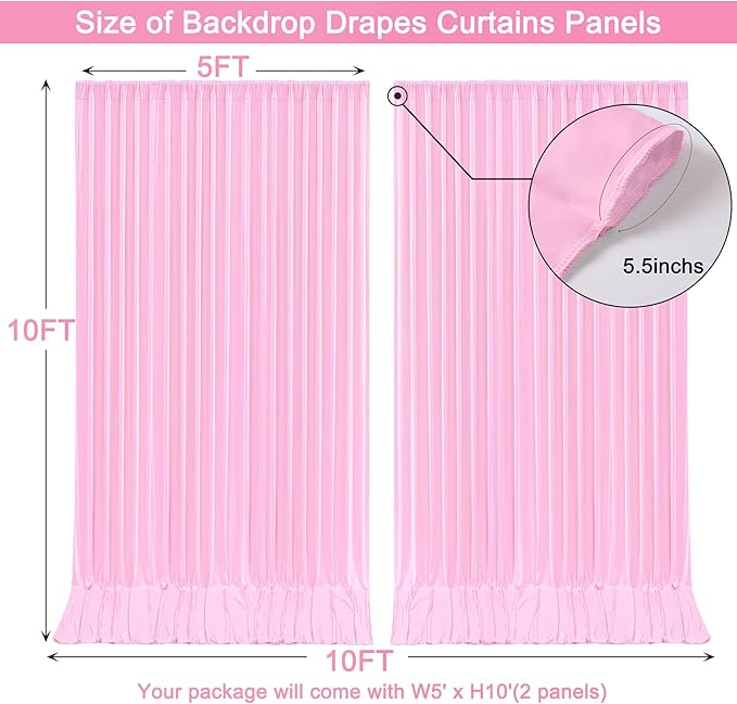 10x10ft Pink Backdrop Curtain for Wedding Parties Wrinkle Free Fabric Light Pink Drapes Backdrop Decoration for Baby Shower Birthday Photography Decoration 2 Panels, 5ft x 10ft