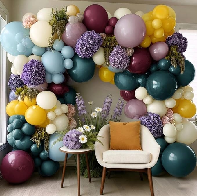 Blue Yellow Purple Balloon Arch, Double Stuffed Dusty Blue Purple Balloon Garland Kit with 6pcs Hydrangea Artificial Flowers for Baby Shower Birthday Boho Floral Wedding Party Decoration