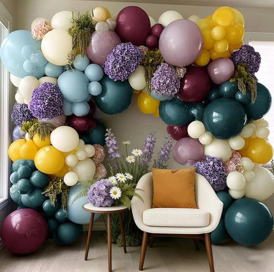 Blue Yellow Purple Balloon Arch, Double Stuffed Dusty Blue Purple Balloon Garland Kit with 6pcs Hydrangea Artificial Flowers for Baby Shower Birthday Boho Floral Wedding Party Decoration