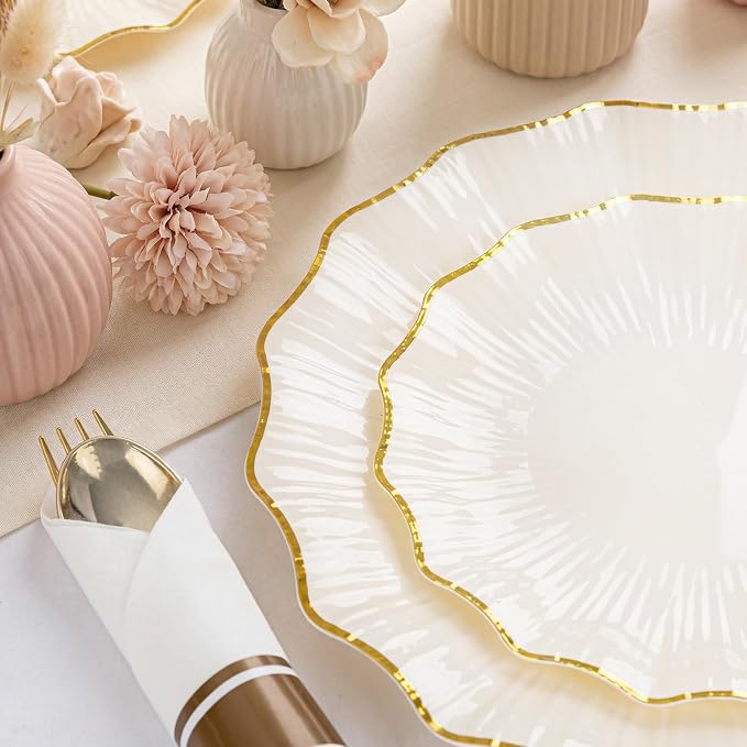 U-QE 175PCS Ivory Gold Plastic Plates - Disposable Dinnerware Set for 50 Guests - Ivory and Gold Plates and Napkins Party Supplies include 50 Plates, 25 Per Rolled Napkins with Gold Cutlery, 25 Cups