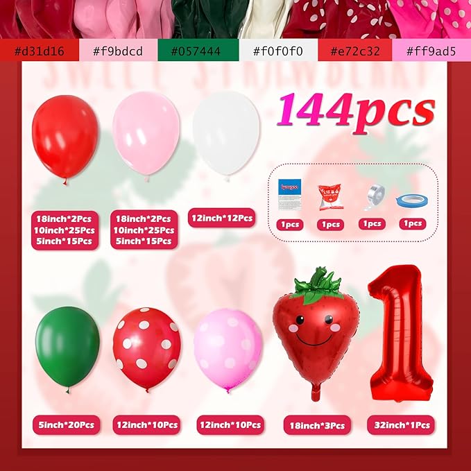 Strawberry Party Decoration Balloon Garland Arch Kit, 143Pcs Red Pink Balloons Strawberry Foil Balloons for Sweet One Boy Girl Berry First Themed Birthday Party Supplies & Baby Shower Decoration