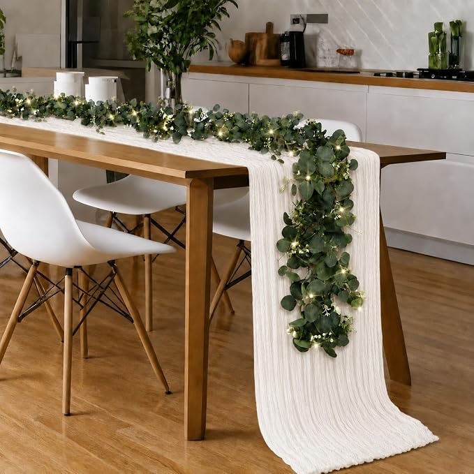 Cinrobiye 11pcs Cheesecloth Table Runner Set 120 Inch – Gauze Table Runner with Napkins, Eucalyptus Garland & String Lights for Wedding Baby Shower Table Decor, Rustic Boho