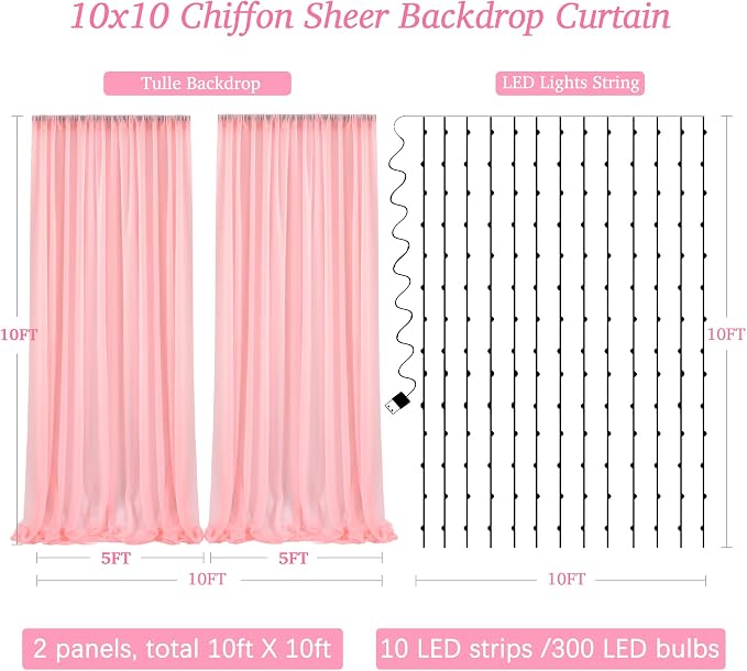 10ft x 10ft Baby Pink Backdrop Curtain with Lights String for Parties,2 Panels Sheer Tulle Curtain Wedding Photo Backdrop with Lights for Baby Shower Birthday Party Ceremony Home Decorations