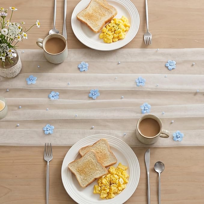 Artoid Mode Blue Flower Pearl White Gauze Table Runner 10FT, Seasonal Sheer Dining Holiday Wedding Birthday Baby Shower Table Decor for Home Party