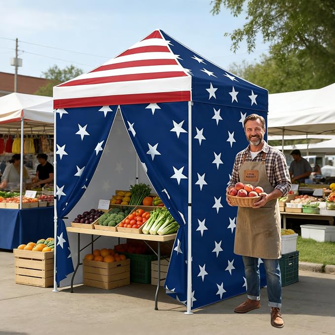 EAGLE PEAK 5x5 Instant Canopy with 4-Side Wall Panels, Small Pop up Portable Canopy Tent with Carry Bag, Light Weight Sun Shelter for Sports, Camping and Beach, American Flag