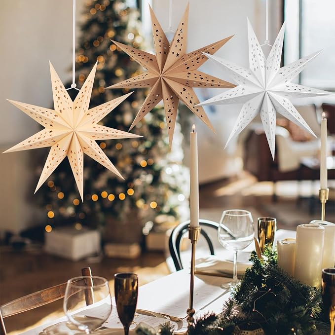 SUNBEAUTY 9-Pointed 12 Inch Hollow Out Paper Star Lanterns Brown White Gray Christmas Lanterns Hanging Lamp Paper Decorations Shade Wedding Birthday Christmas Home Party Decorations