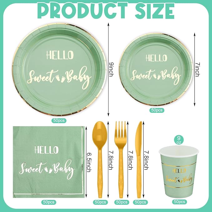 400 Pcs Baby Gender Reveal Plates and Cups and Napkins Sets with Forks Spoon Party Supplies Baby Shower Paper Tableware Gender Reveal Decorations Disposable Cutlery, Serves 50(Green,Hello Sweet)