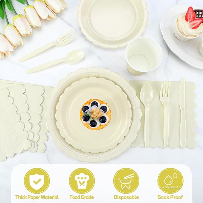 25 Set Party Plates and Cups and Napkins Ivory Scalloped Dinnerware | 175 Pcs Beige Party Supplies Include 9" Cream Plates, 7" Dessert Plates, 6.5 Inch Napkins for Wedding, Bridal&Baby Shower