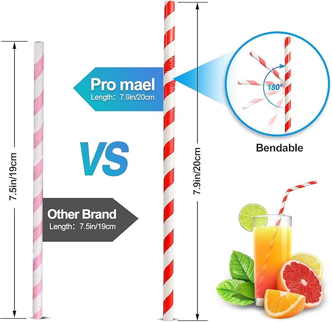 Pro Mael Paper Drinking Straws, Flexible Straws for Juices, Shakes, Smoothies, Disposable Straw for Birthdays, Weddings & Party (200 Pack, Assorted Colors)