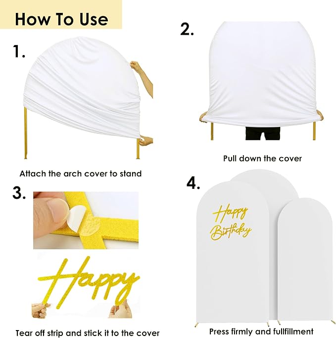 HAINARverS 6FT//6.6FT/7.2FT White Arch Backdrop Cover Spandex with Glitter Gold Happy Birthday Sign for Wedding Birthday Party Ceremony Banquet Decoration(White)
