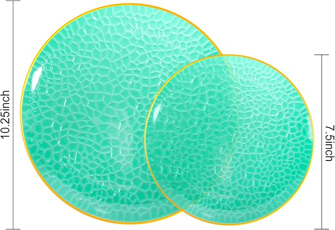 Hioasis 60pcs Green Plastic Plates - Gold Rimmed Disposable, Hammered, Heavy-duty Dinnerware Set Suitable for 30 Guests, 10.25" Dinner & 7.5" Dessert Plates for Party & Wedding