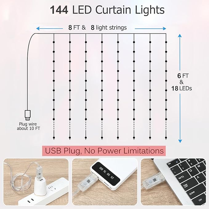 LED Curtain Lights 8ft x 6ft, 144 RGB Color Changing Fairy Lights | 200+ Lighting Modes,APP & Remote Control,Timer,Dimmable,Waterproof String Lights for Bedroom Wall Patio Party Christmas Decor