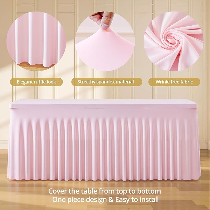 4 Pack 8ft Pink Spandex Table Cloths for Rectangle Tables Wrinkle Free Pink Rectangle Tablecloths Stretch Fitted Table Cover with Skirt for Baby Shower Girl Birthday Party Wedding Banquet Buffet