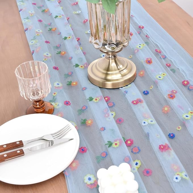 Joanlody Blue Summer Flower Table Runner 10ft Embroidery Daisy Floral Seasonal Tulle Table Runner for Home Garden Tea Party Holiday Birthday Decoration
