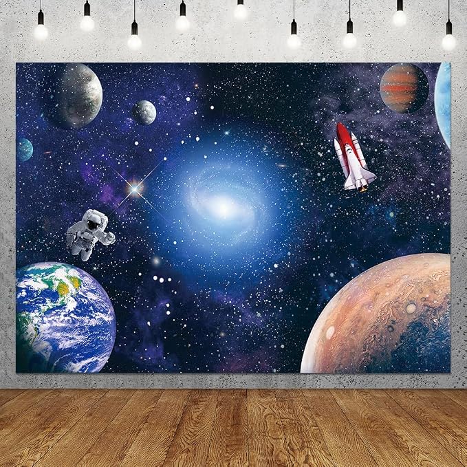10x8FT Space Astronaut Cosmic Photo Backdrop Galaxy Stars Theme Newborn Gift Children Birthday Party Cake Table Photography Background Banner Polyester Fabric Decorations Supplies (10x8ft)