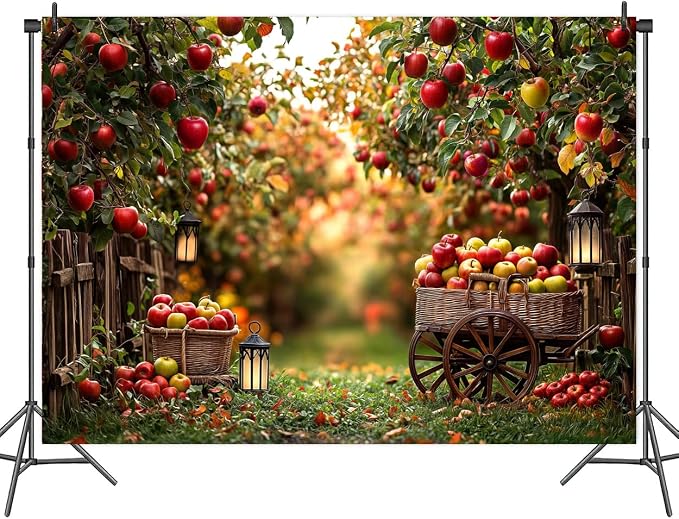 7 x 5 ft Apple Backdrop Autumn Harvest Apple Orchard Party Decorations Background Thanksgiving Farm Holiday Event Party Apple Trees Baby Shower Kids Birthday Party Photo Booth Studio Props