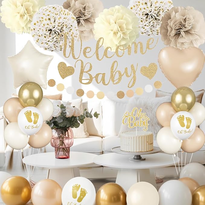 Neutral Gold Baby Shower Decorations for Boys Girls, Boho Welcome Baby Banner Gold Cream Beige Sand White Confetti Latex Balloons Oh-Baby Cake Topper Pom Poms for Baby-Shower Birthday Party Decoration