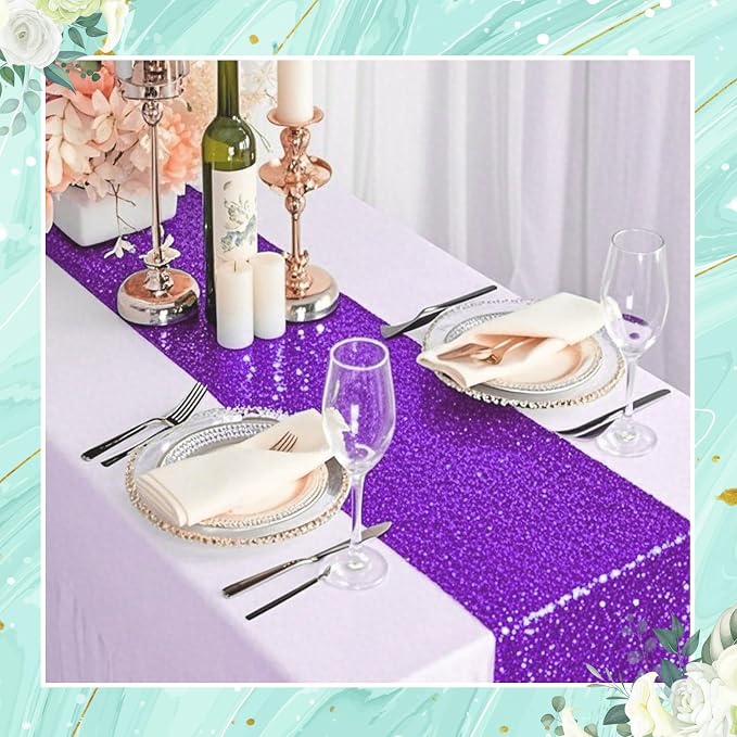 54 Pieces of Purple Sequin Chair Ribbons and Table Runners, 48 Sequin Chair Bows, 6 Glitter Table Runners, Suitable for Wedding Parties Birthday Meeting Events Decorations (Purple)