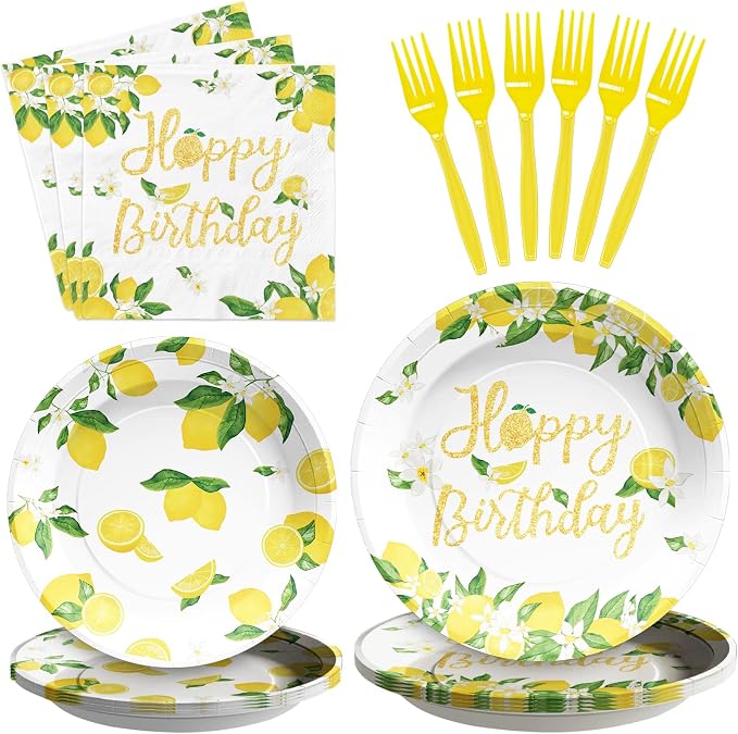 96Pcs Lemon Birthday Decorations Freshly Graduated Party Plates and Napkins Tableware Sets Lemonade Graduation Party Decorations for Summer Lemon Birthday Baby Shower Fruit Theme Supplies Serves 24