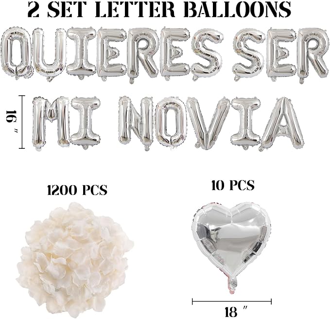 QUIERES SER MI NOVIA 2 Set Balloons - 34pcs 16" Letter, 10pcs 18" Heart, Alphabet Foil Mylar for Valentines Day Decorations with 1200pcs Cream White Artificial Rose Petals