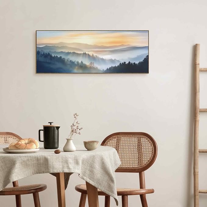 TLESKE Boho Sun Sunrise Sunset Mountain Large Wall Art Decor Framed 15x40, Foggy Forest Woodland Canvas Wall Art Print for Bedroom Above Bed Over Bed Living Room, Landscape Nautre Wall Artwork Picture