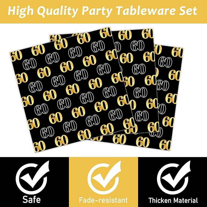 96PCS 60th Theme Birthday Party Tableware Vintage 1966 Party Supplies 60 Year Old Birthday Party Decorations Plates Napkins Forks Black and Gold Dinnerware Favors for Men or Women