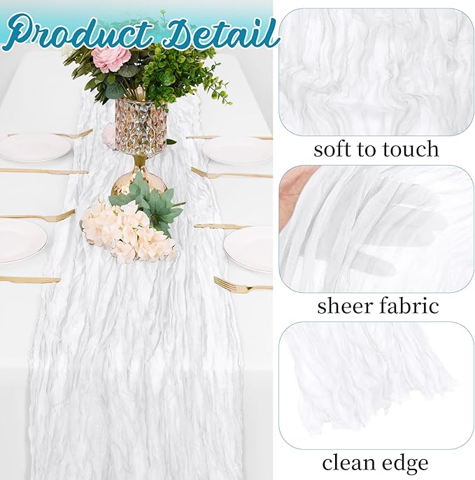 16 Pack White Cheesecloth Table Runners 20x120 Inch Gauze Table Runner Cheese Cloth 10FT White Table Runner Rustic Sheer Runner for Wedding Birthday Party Baby Shower Table Decor