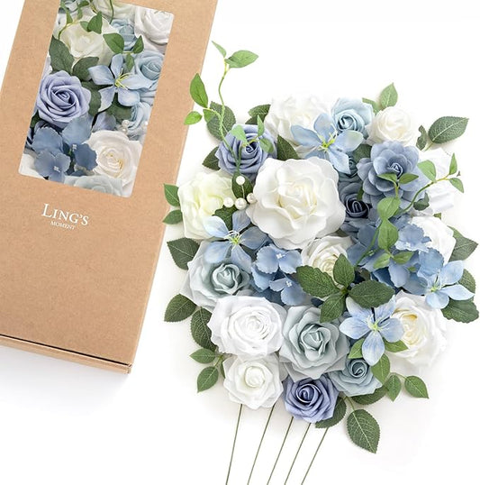 Ling's moment Fake Flowers Box, Faux Artificial Greenery Stems Foam Roses Silk Hydrangea Rose Leaf Fabic Flower for Centerpieces Bouquet Wedding Vase Decorations, Dusty Blue & White, Deluxe Combo