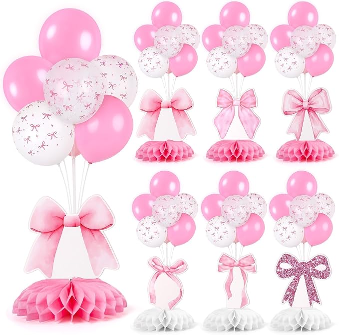 6 Set Pink Bow Birthday Decoration for Table Baby Girl Shower Decorations Pink Bow Balloon Table Centerpiece with Balloons Stand Kit Honeycomb Centerpiece for Girls Birthday Wedding Party Supply