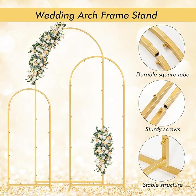 Gawicpy Wedding Arch Backdrop Stand Set Metal Arch Backdrop Stand with Wedding Arch Cover, Wedding Balloon Arch Backdrop Stand for Birthday, Baby Shower, Anniversary (White, 4FT+5FT+6FT)