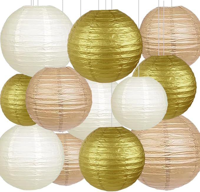 Gold White Paper Lanterns (12 Pack) - Hanging Paper Lanterns for Baby Shower Wedding Engagement Birthday Party Decorations(Gold,Khaki,Cream)