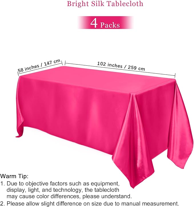 TURSTIN 4 Packs Hot Pink Satin Tablecloth 102 x 58 Inch Overlay Satin Table Cover Rectangle Bright Silk Tablecloth Smooth Fabric Table Decoration for Wedding Banquet Party Events