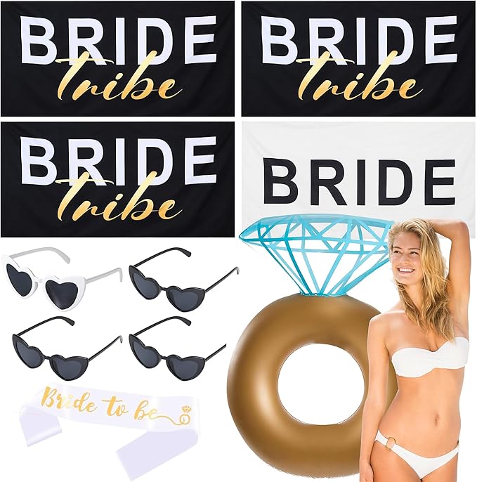 10 Pcs Bachelorette Party Favor Kit,Bachelorette Gifts for Bride,Bride Beach Towels& Bachelorette Inflatable Swim Float,Bridal Shower Decor Ring Pool Float Heart Sunglasses Bulk Bride to Be Sash