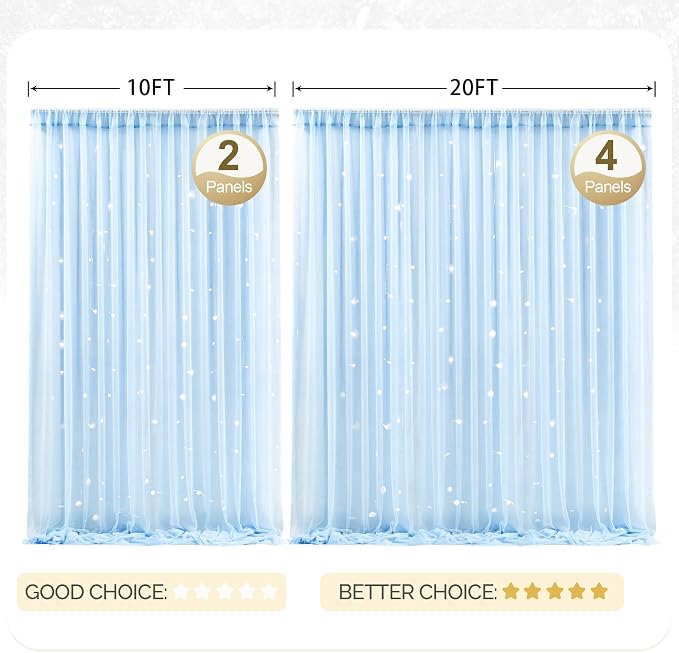 30x10ft Baby Blue Tulle Backdrop Curtain with Lights String for Parites, Sheer Photo Backdrop Curtains with Lights for Wedding Backdrop Ceremony Reception Bridal Shower Baby Shower Birthday Party
