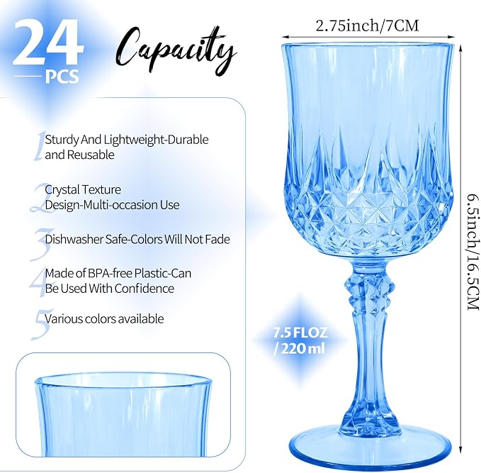 24Pack Blue Plastic Wine Glasses,Vintage Plastic Goblets for Parties, Light Blue Drinking Glasses Crystal Water Goblets Reusable for Wedding Reception, Grand Event Party Supplies