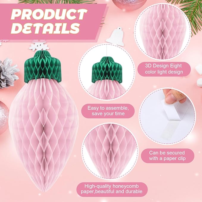 12 Pcs 12" Jumbo Pastel Christmas Light Honeycomb Hanging Decorations 3D Large Light Bulb Shaped Xmas Assorted Colors Honeycomb Ornament for Christmas Classroom Decor