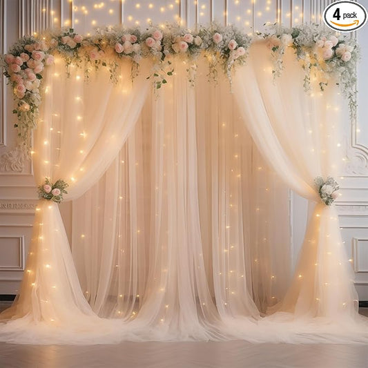 20×8ft Champagne Tulle Curtain Backdrop with Lights String for Parites, Sheer Backdrop Curtain Drapes for Wedding Photo Baby Shower Photography Birthday Party