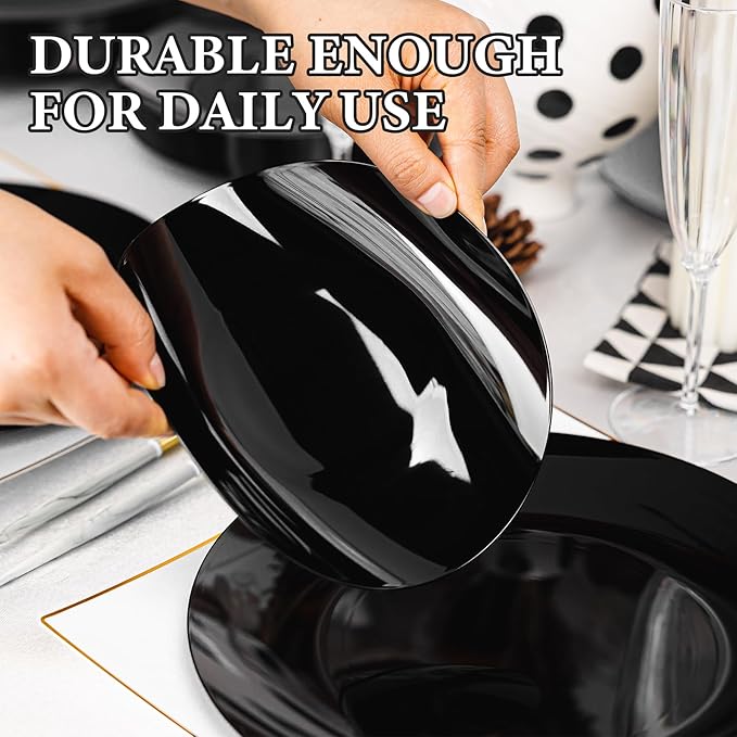 Lullaby 100PCS Black and Gold Plastic Plates, Disposable Black Plastic Plate with Gold Rim, 50PCS Dessert Plates 7" and 50PCS Dinner Plates 10", Perfect for Party Wedding and Daily Use