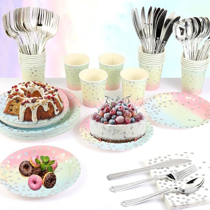 400Pcs Disposable Party Dinnerware Set, Paper Tableware Set, Disposable Party Supplies Happy Birthday Paper Plates, Napkins, Cups, Plastic Forks Knives Spoons Straws Favor for 50 Guests