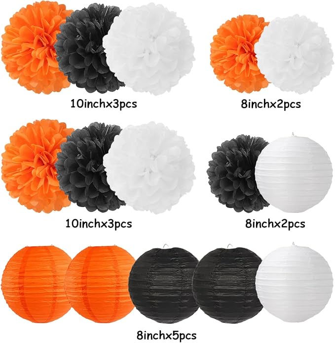 Orange-Black White Party-Decorations Paper-Flowers Lanterns - 15PCS Halloween Tissue Pom Poms Streamers,Vintage Baby Bridal Shower Birthday Bachelorette Wedding Hanging Supplies Decor Hugfond